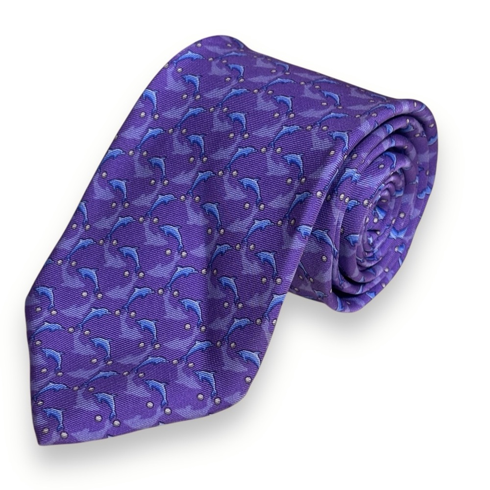 BROOKS BROTHERS 100% Silk Tie Purple with Blue Dolphins Print
